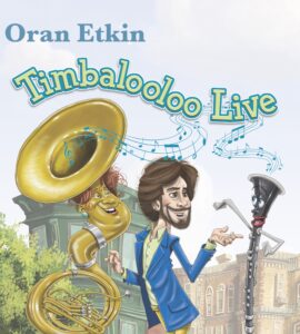 Cartoon of Oran Etkin dancing with a living clarinet and tuba